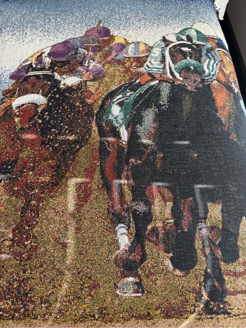 Vintage 90’s Horse Track Racing Jockeys Equestrian Throw Blanket Fringe Ends